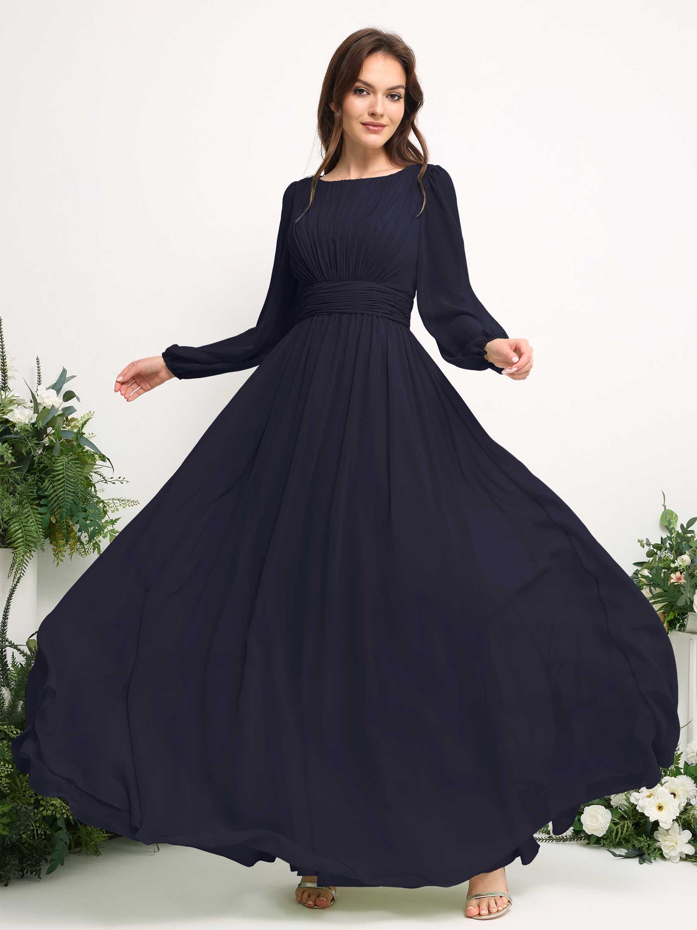 Carlyna A-Linien-Kleid mit U-Boot-Ausschnitt Chiffon Langarmkleid für Brautjungfer Dunkel Marineblau #farbe_dunkel-marineblau