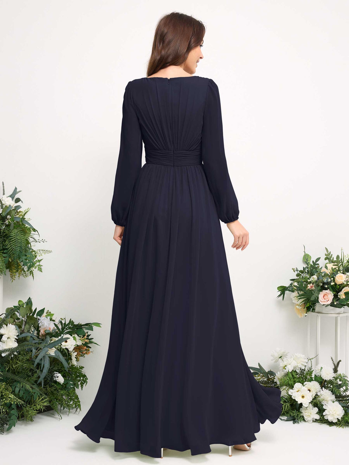 Carlyna A-Linien-Kleid mit U-Boot-Ausschnitt Chiffon Langarmkleid für Brautjungfer Dunkel Marineblau #farbe_dunkel-marineblau