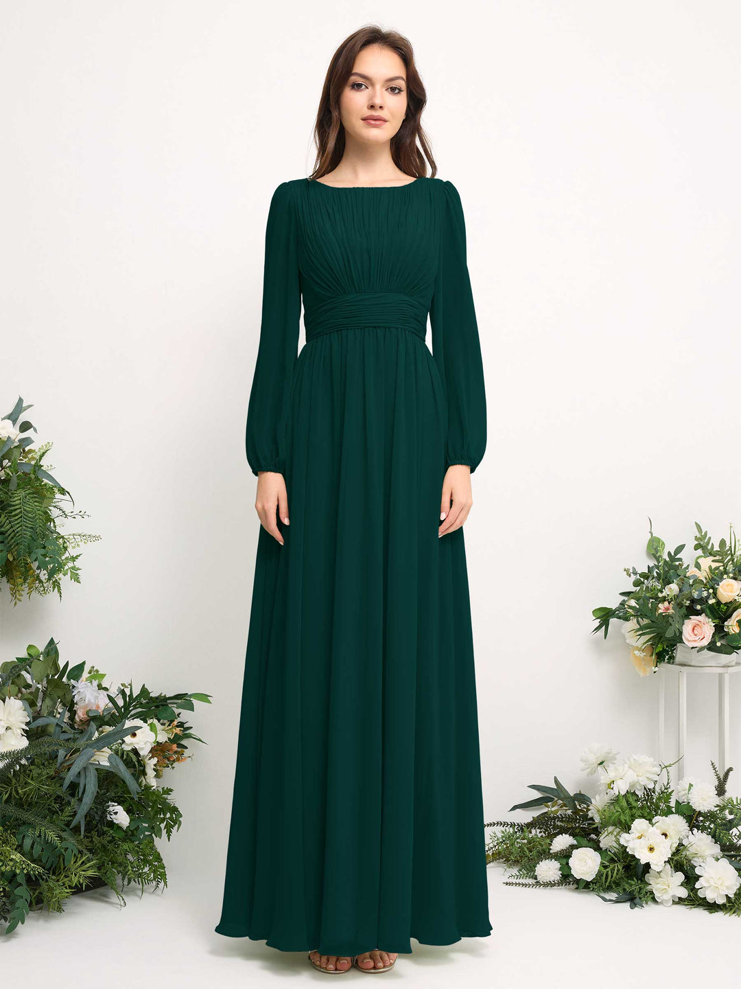 Carlyna A-Linien-Kleid mit U-Boot-Ausschnitt Chiffon Langarmkleid für Brautjungfer Dunkelsmaragd 