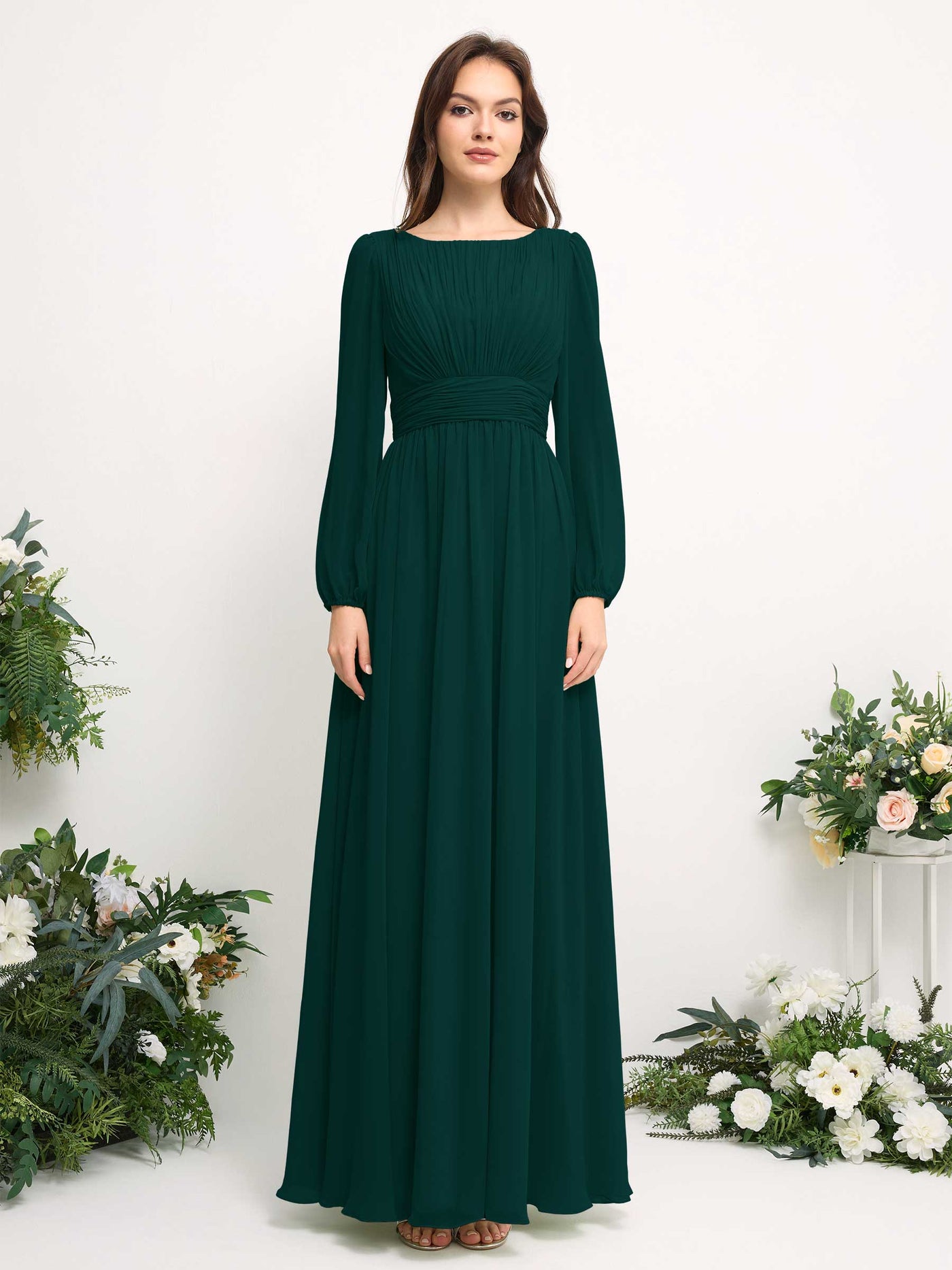 Carlyna A-Linien-Kleid mit U-Boot-Ausschnitt Chiffon Langarmkleid für Brautjungfer Dunkelsmaragd #farbe_dunkelsmaragd