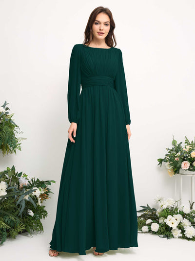 Carlyna A-Linien-Kleid mit U-Boot-Ausschnitt Chiffon Langarmkleid für Brautjungfer Dunkelsmaragd #farbe_dunkelsmaragd