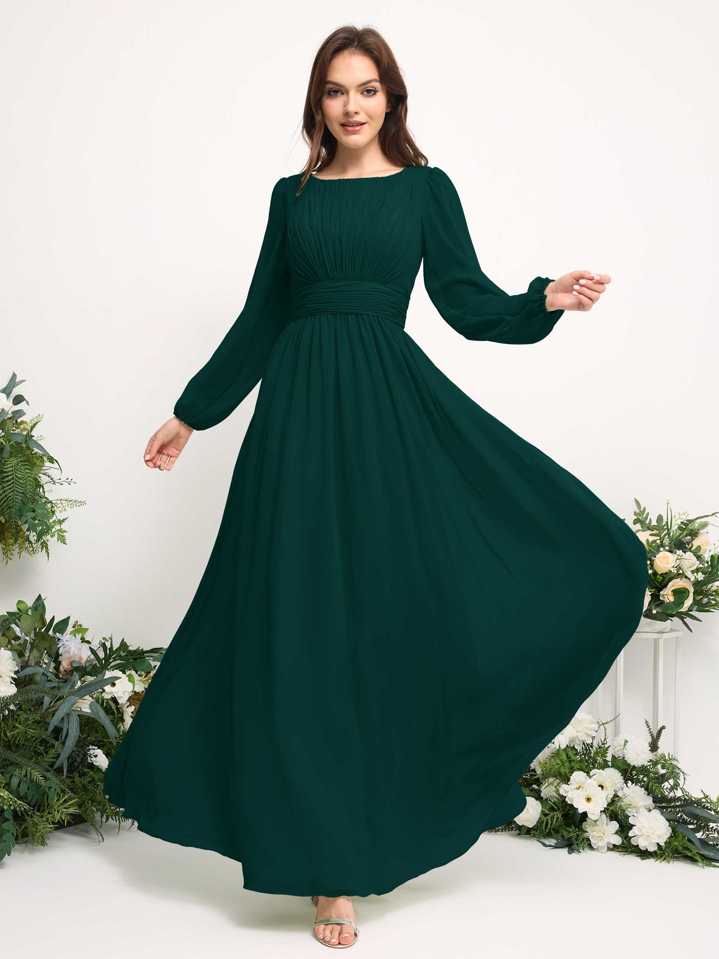 Carlyna A-Linien-Kleid mit U-Boot-Ausschnitt Chiffon Langarmkleid für Brautjungfer Dunkelsmaragd #farbe_dunkelsmaragd