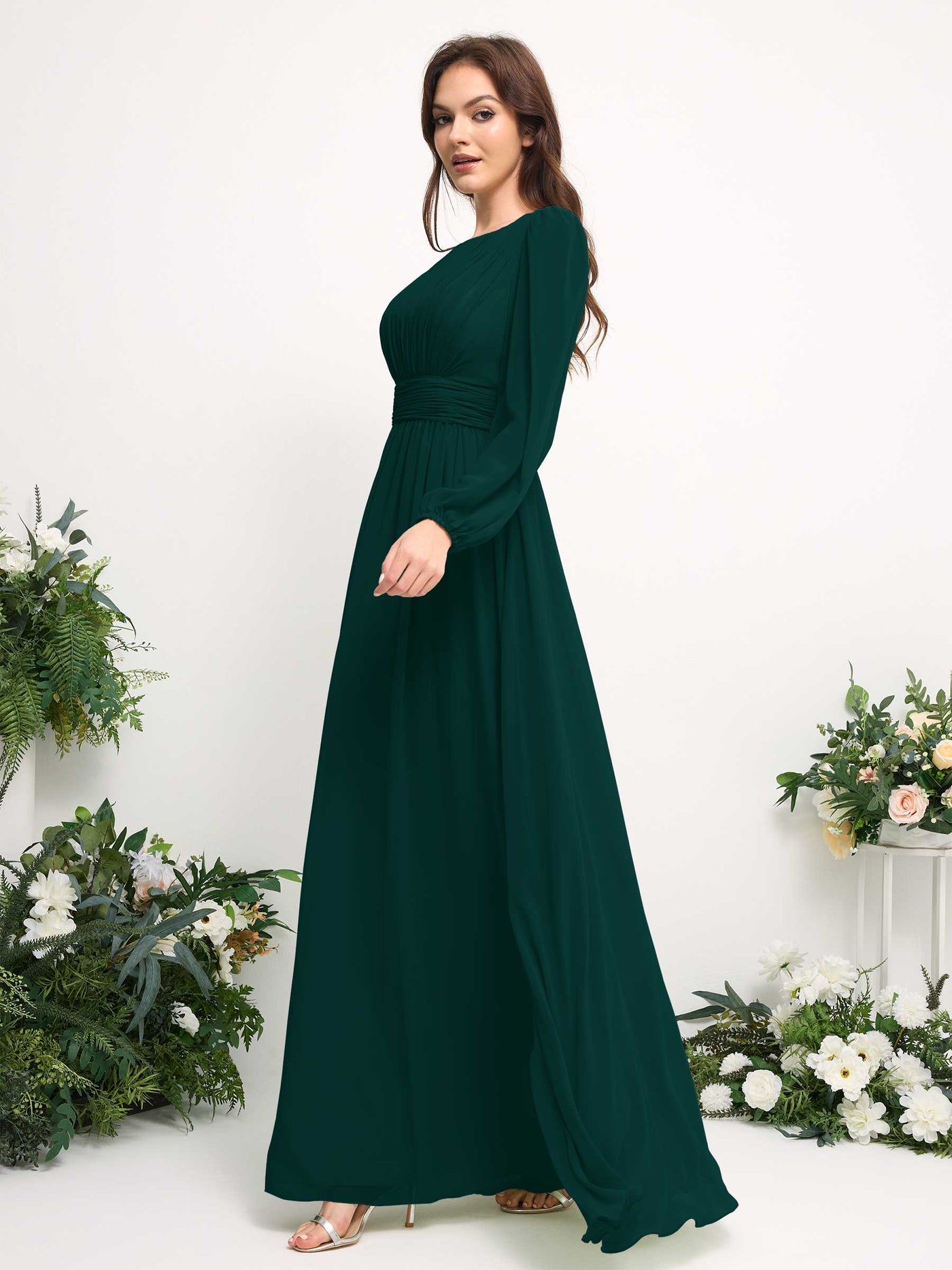 Carlyna A-Linien-Kleid mit U-Boot-Ausschnitt Chiffon Langarmkleid für Brautjungfer Dunkelsmaragd #farbe_dunkelsmaragd
