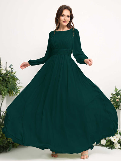 Carlyna A-Linien-Kleid mit U-Boot-Ausschnitt Chiffon Langarmkleid für Brautjungfer Dunkelsmaragd #farbe_dunkelsmaragd