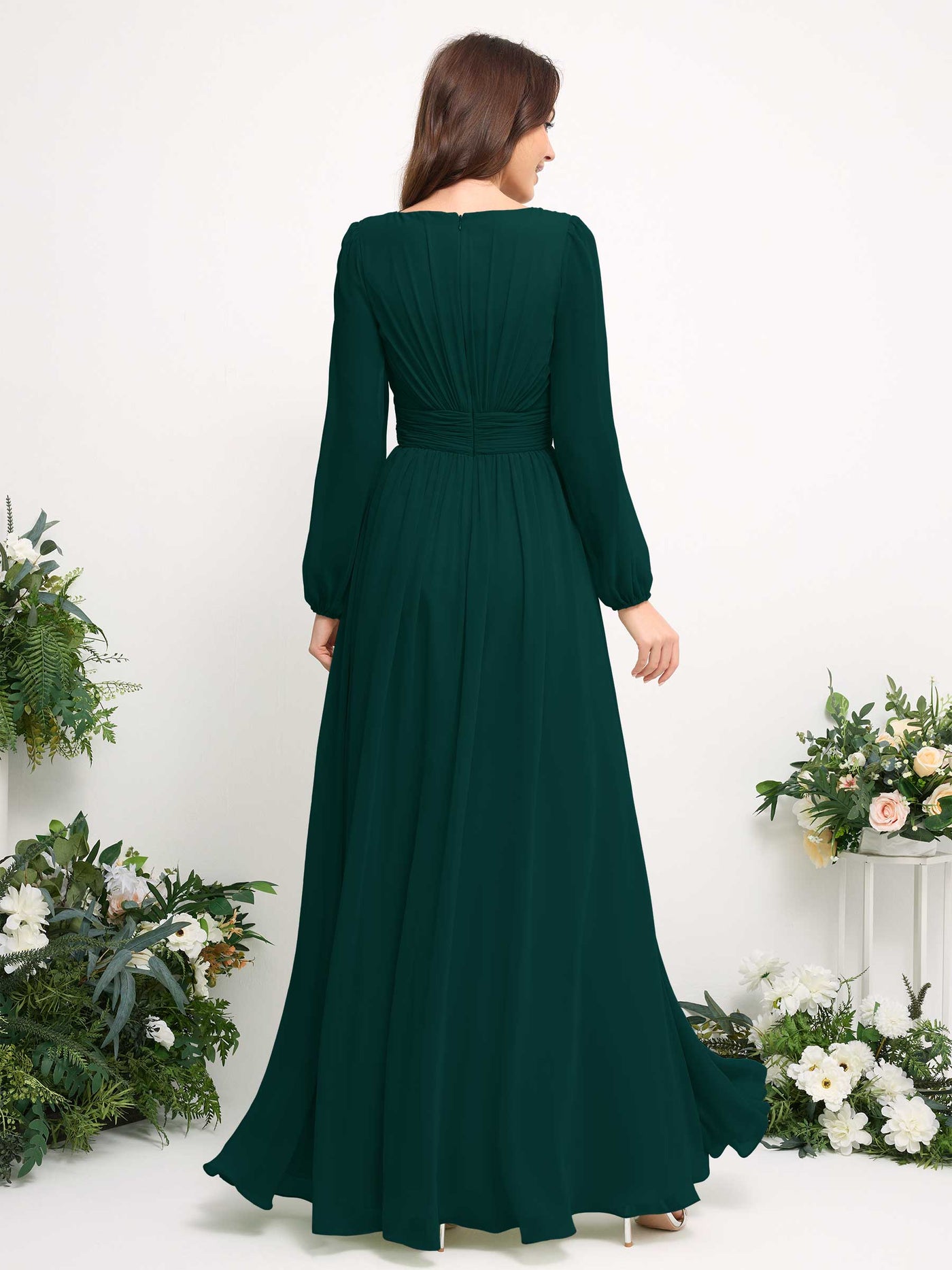 Carlyna A-Linien-Kleid mit U-Boot-Ausschnitt Chiffon Langarmkleid für Brautjungfer Dunkelsmaragd #farbe_dunkelsmaragd