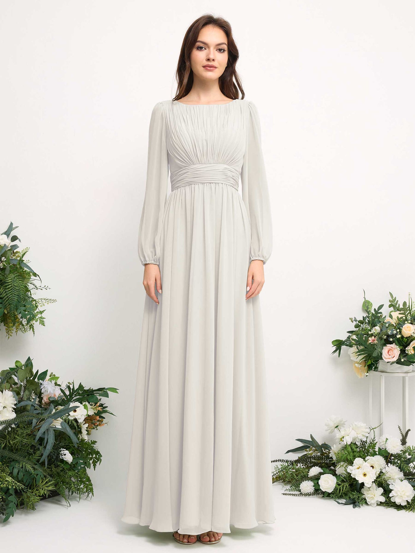 Carlyna A-Linien-Kleid mit U-Boot-Ausschnitt Chiffon Langarmkleid für Brautjungfer Elfenbein #farbe_elfenbein