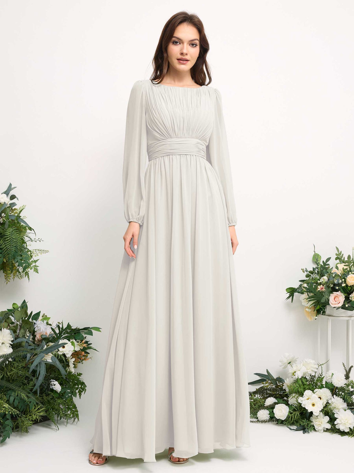 Carlyna A-Linien-Kleid mit U-Boot-Ausschnitt Chiffon Langarmkleid für Brautjungfer Elfenbein #farbe_elfenbein