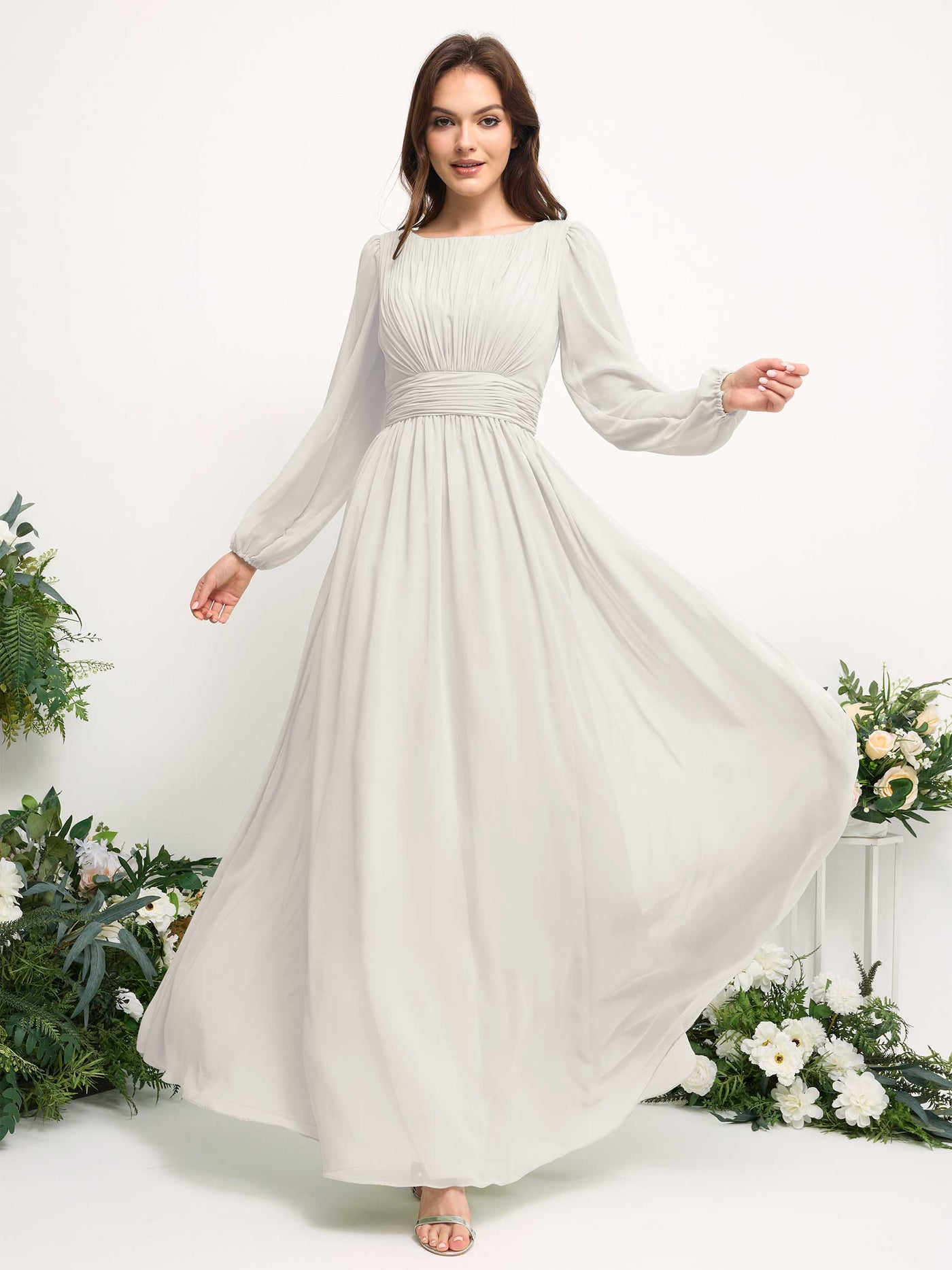 Carlyna A-Linien-Kleid mit U-Boot-Ausschnitt Chiffon Langarmkleid für Brautjungfer Elfenbein #farbe_elfenbein
