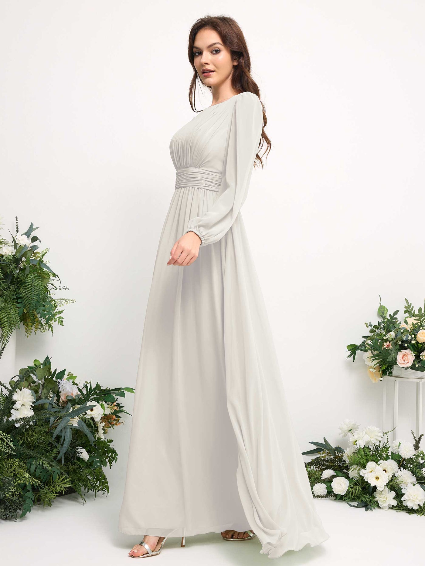 Carlyna A-Linien-Kleid mit U-Boot-Ausschnitt Chiffon Langarmkleid für Brautjungfer Elfenbein #farbe_elfenbein