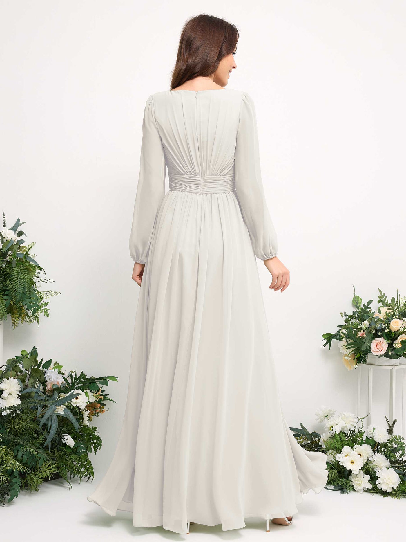 Carlyna A-Linien-Kleid mit U-Boot-Ausschnitt Chiffon Langarmkleid für Brautjungfer Elfenbein #farbe_elfenbein