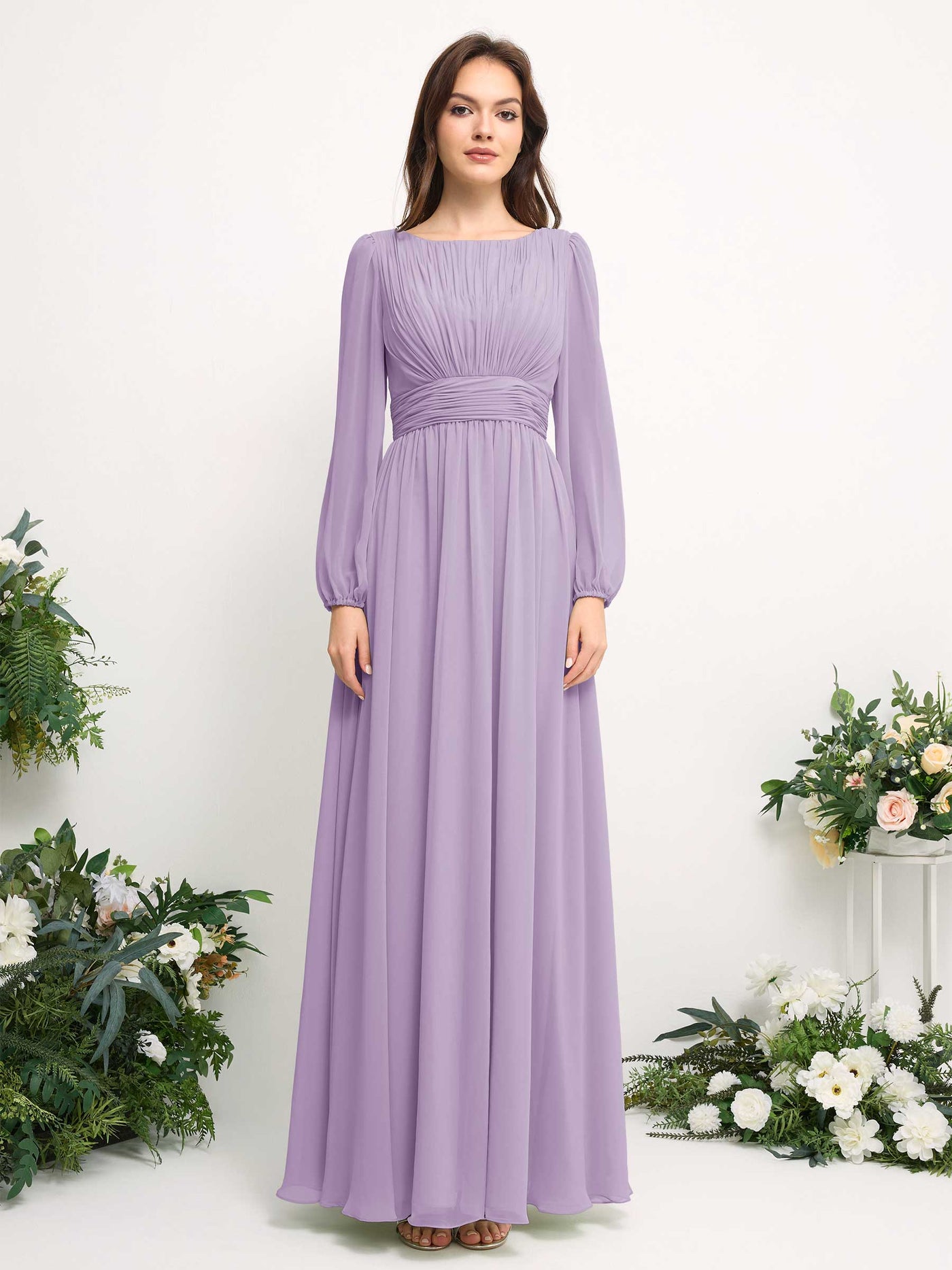 Carlyna A-Linien-Kleid mit U-Boot-Ausschnitt Chiffon Langarmkleid für Brautjungfer Flieder #farbe_flieder