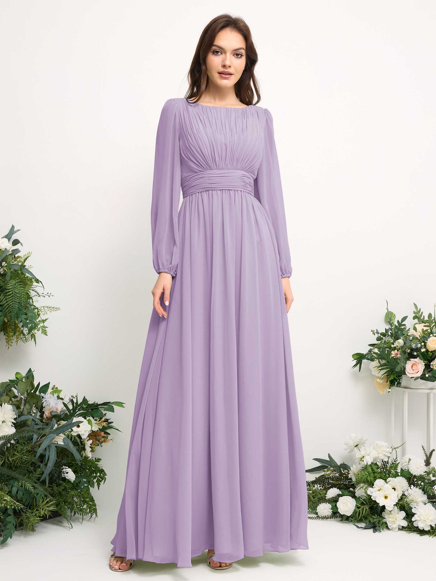 Carlyna A-Linien-Kleid mit U-Boot-Ausschnitt Chiffon Langarmkleid für Brautjungfer Flieder #farbe_flieder