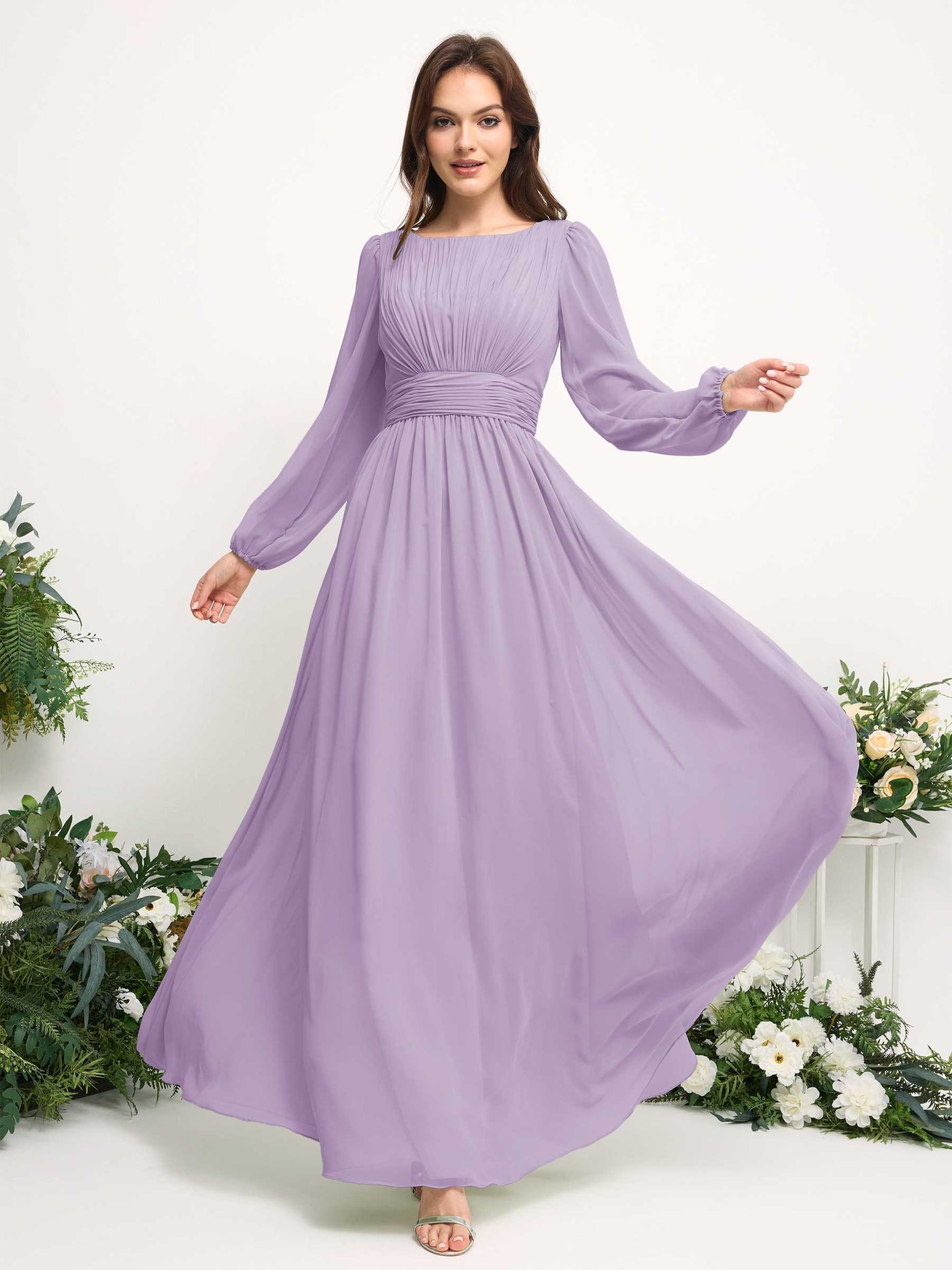 Carlyna A-Linien-Kleid mit U-Boot-Ausschnitt Chiffon Langarmkleid für Brautjungfer Flieder #farbe_flieder
