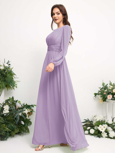 Carlyna A-Linien-Kleid mit U-Boot-Ausschnitt Chiffon Langarmkleid für Brautjungfer Flieder #farbe_flieder