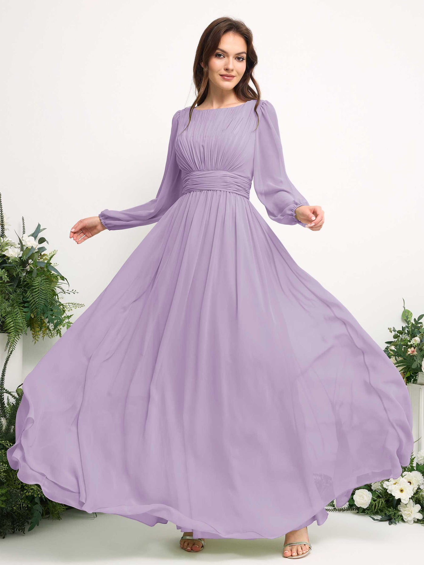 Carlyna A-Linien-Kleid mit U-Boot-Ausschnitt Chiffon Langarmkleid für Brautjungfer Flieder #farbe_flieder