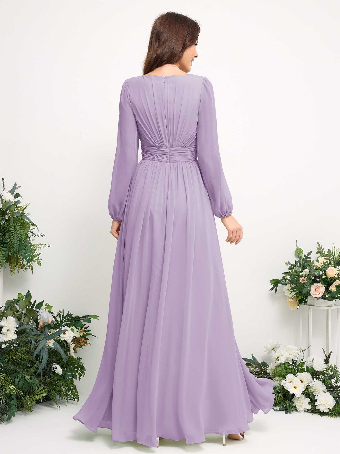 Carlyna A-Linien-Kleid mit U-Boot-Ausschnitt Chiffon Langarmkleid für Brautjungfer Flieder #farbe_flieder