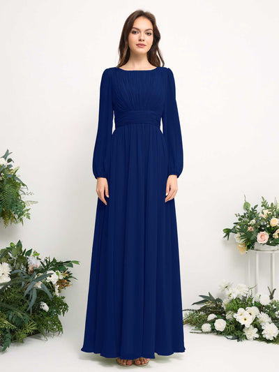 Carlyna A-Linien-Kleid mit U-Boot-Ausschnitt Chiffon Langarmkleid für Brautjungfer Königsblau #farbe_k-nigsblau