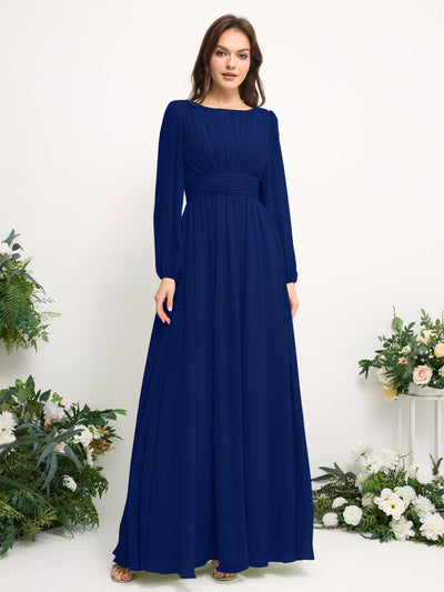 Carlyna A-Linien-Kleid mit U-Boot-Ausschnitt Chiffon Langarmkleid für Brautjungfer Königsblau #farbe_k-nigsblau