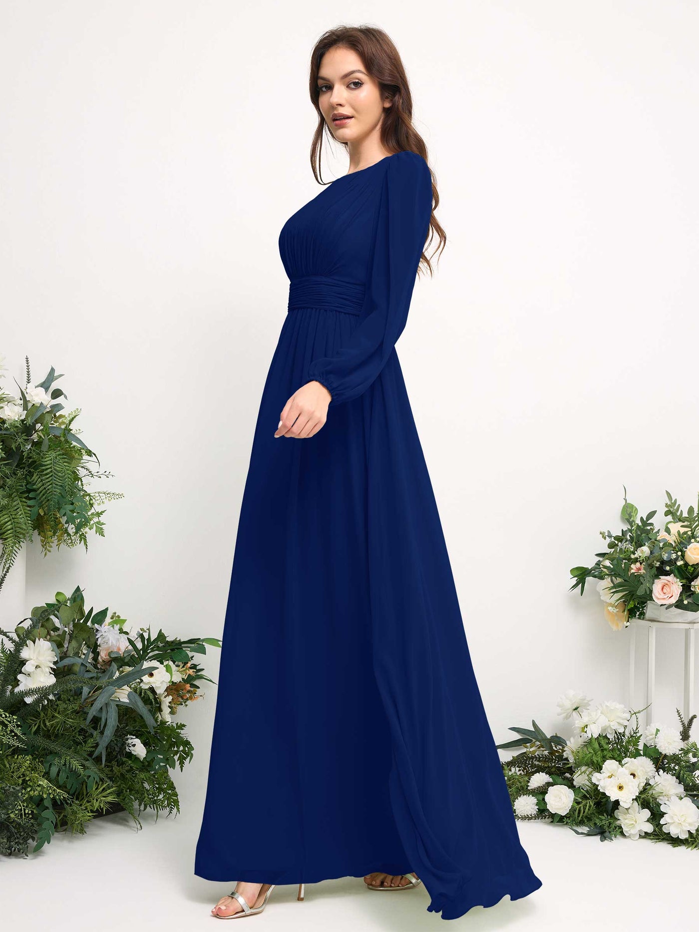 Carlyna A-Linien-Kleid mit U-Boot-Ausschnitt Chiffon Langarmkleid für Brautjungfer Königsblau #farbe_k-nigsblau