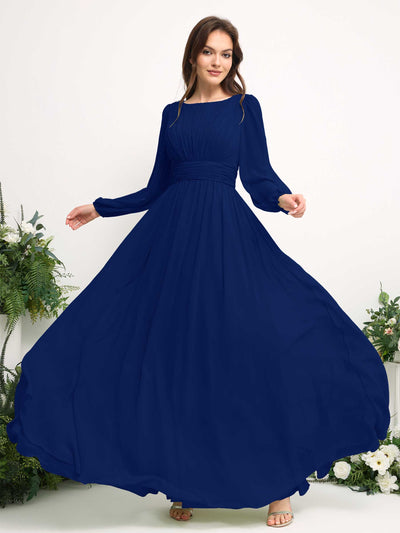 Carlyna A-Linien-Kleid mit U-Boot-Ausschnitt Chiffon Langarmkleid für Brautjungfer Königsblau #farbe_k-nigsblau