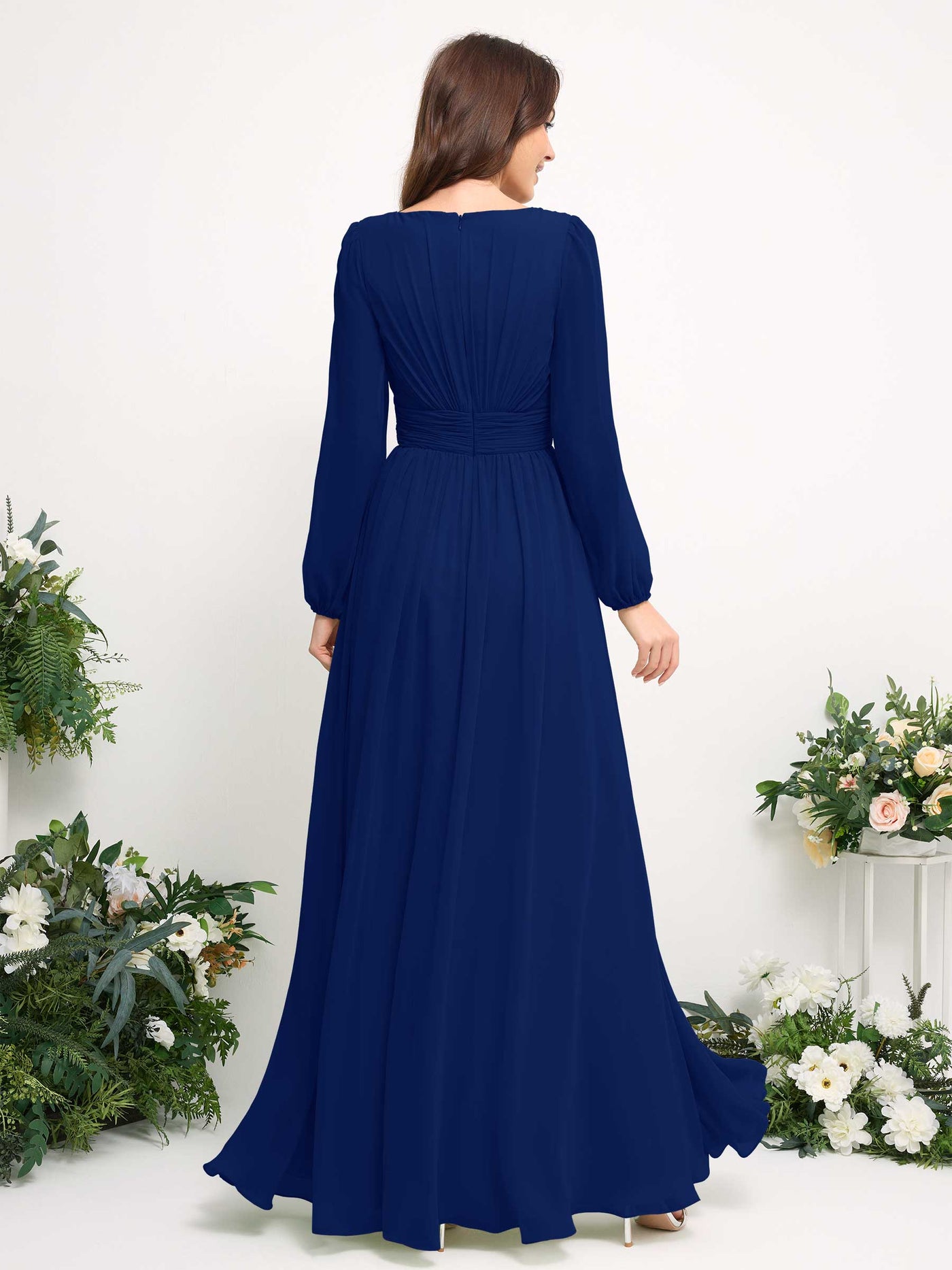 Carlyna A-Linien-Kleid mit U-Boot-Ausschnitt Chiffon Langarmkleid für Brautjungfer Königsblau #farbe_k-nigsblau