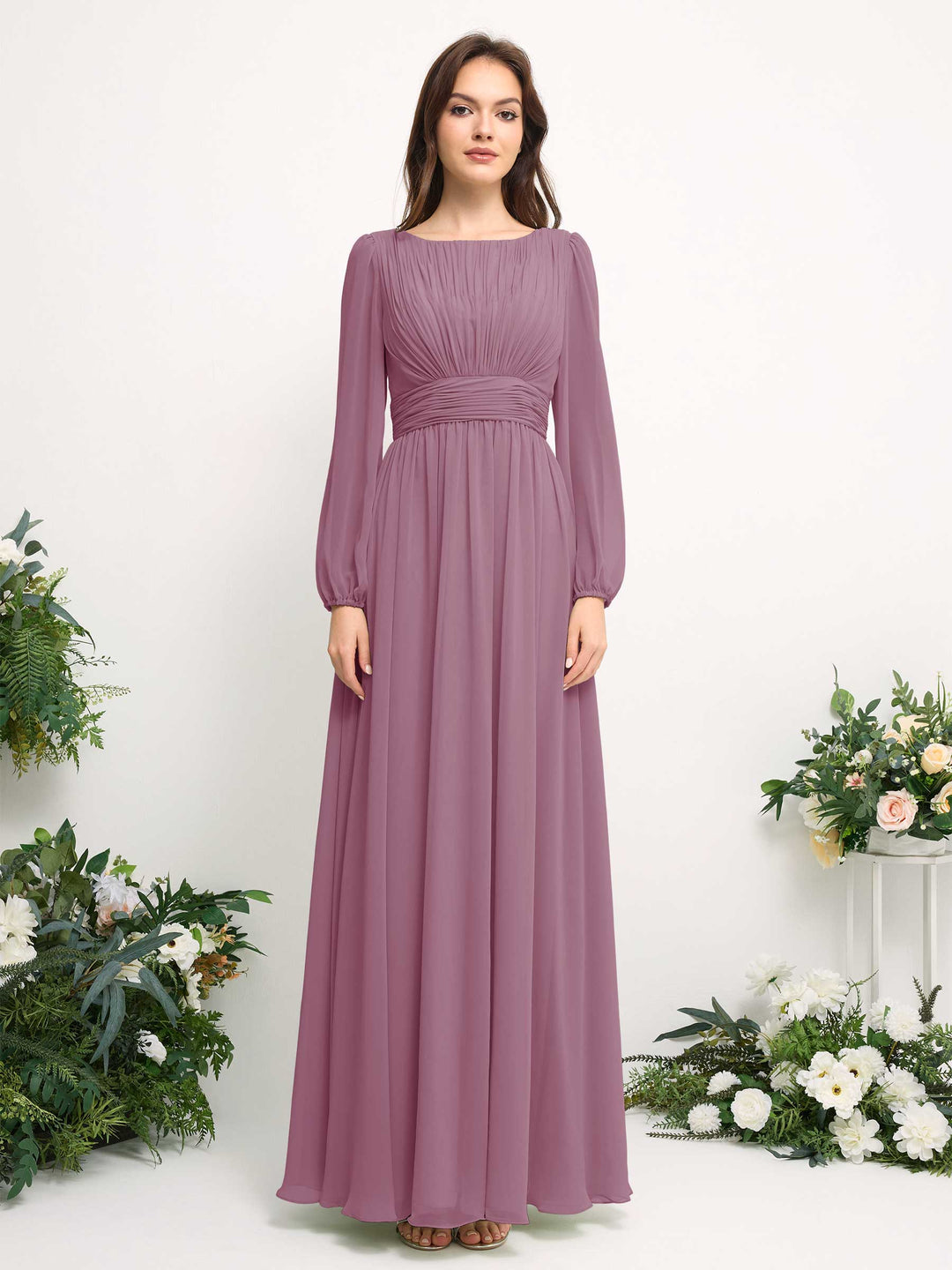 Carlyna A-Linien-Kleid mit U-Boot-Ausschnitt Chiffon Langarmkleid für Brautjungfer Klassisch Mauve 
