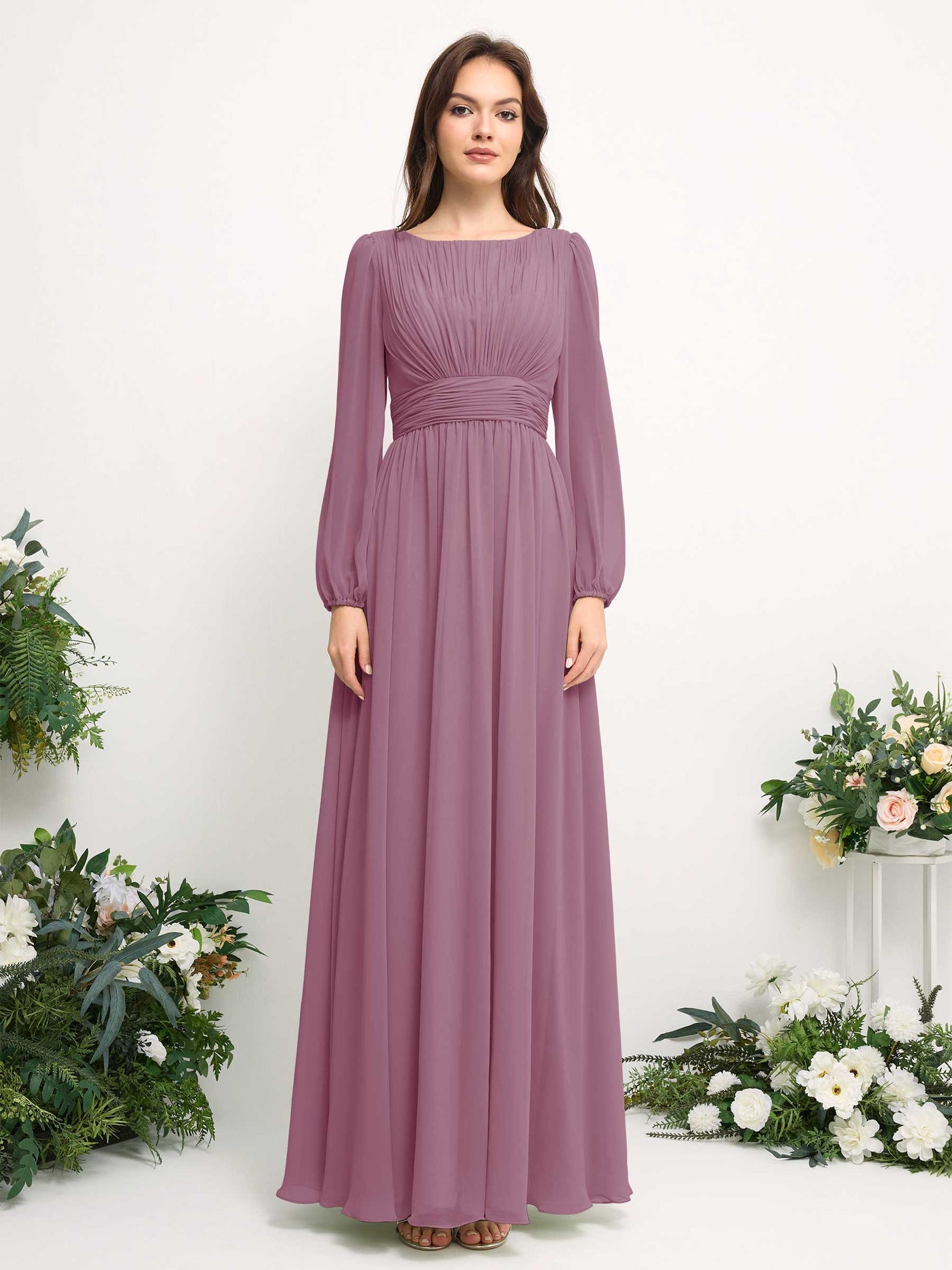 Carlyna A-Linien-Kleid mit U-Boot-Ausschnitt Chiffon Langarmkleid für Brautjungfer Klassisch Mauve #farbe_klassisch-mauve