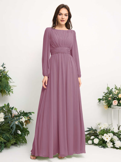 Carlyna A-Linien-Kleid mit U-Boot-Ausschnitt Chiffon Langarmkleid für Brautjungfer Klassisch Mauve #farbe_klassisch-mauve