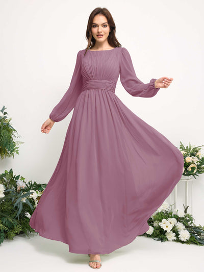 Carlyna A-Linien-Kleid mit U-Boot-Ausschnitt Chiffon Langarmkleid für Brautjungfer Klassisch Mauve #farbe_klassisch-mauve