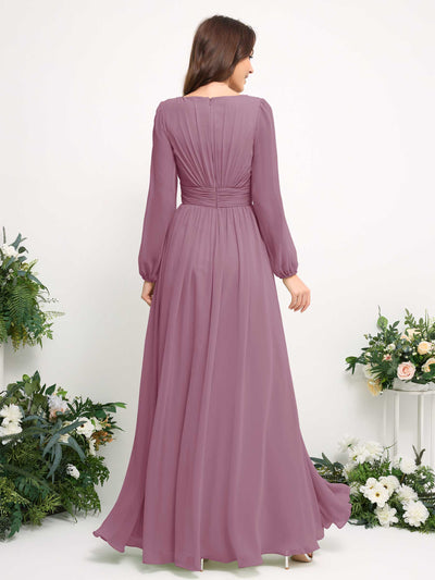 Carlyna A-Linien-Kleid mit U-Boot-Ausschnitt Chiffon Langarmkleid für Brautjungfer Klassisch Mauve #farbe_klassisch-mauve