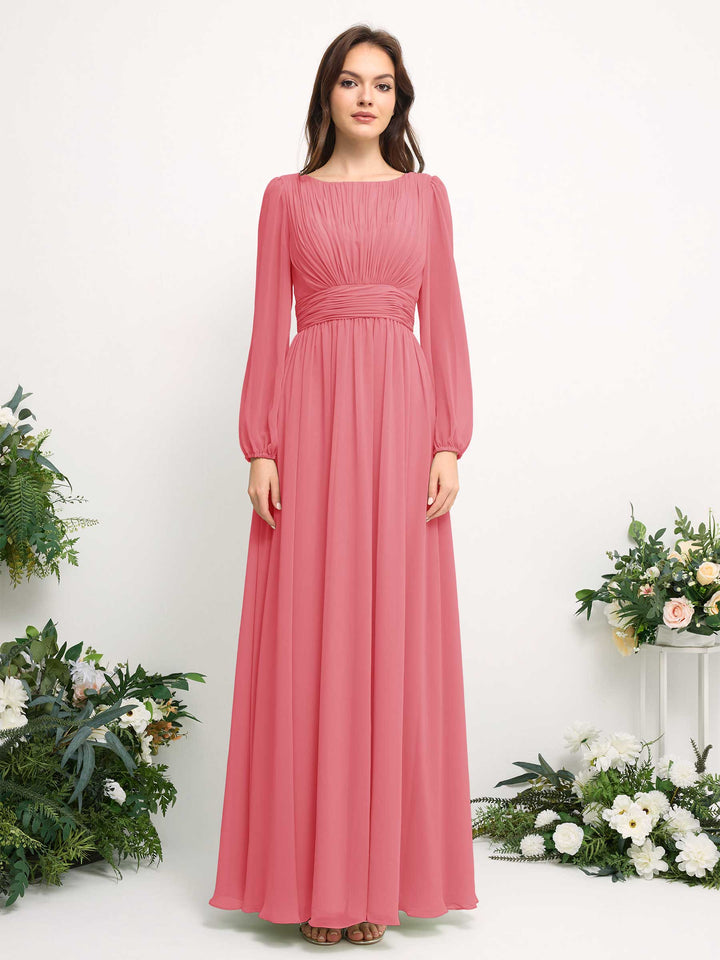 Carlyna A-Linien-Kleid mit U-Boot-Ausschnitt Chiffon Langarmkleid für Brautjungfer Korallenrosa 