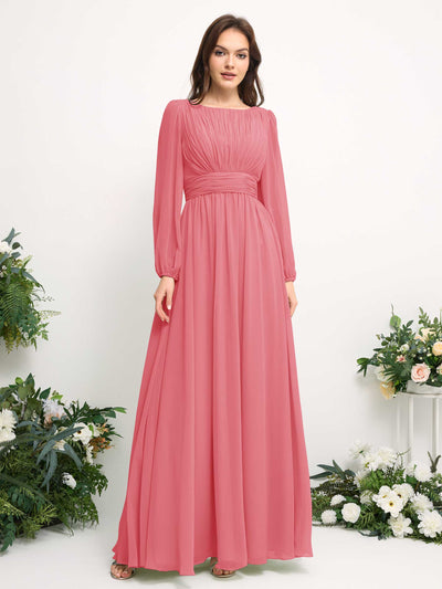 Carlyna A-Linien-Kleid mit U-Boot-Ausschnitt Chiffon Langarmkleid für Brautjungfer Korallenrosa #farbe_korallenrosa