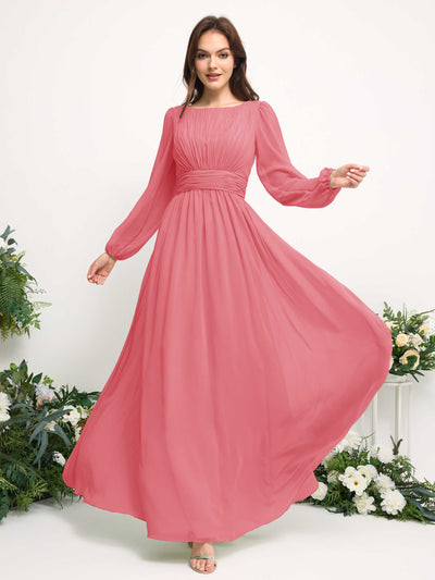 Carlyna A-Linien-Kleid mit U-Boot-Ausschnitt Chiffon Langarmkleid für Brautjungfer Korallenrosa #farbe_korallenrosa