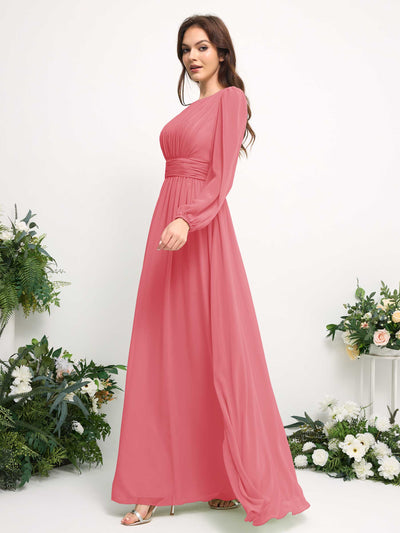 Carlyna A-Linien-Kleid mit U-Boot-Ausschnitt Chiffon Langarmkleid für Brautjungfer Korallenrosa #farbe_korallenrosa
