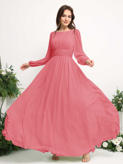 Carlyna A-Linien-Kleid mit U-Boot-Ausschnitt Chiffon Langarmkleid für Brautjungfer Korallenrosa #farbe_korallenrosa