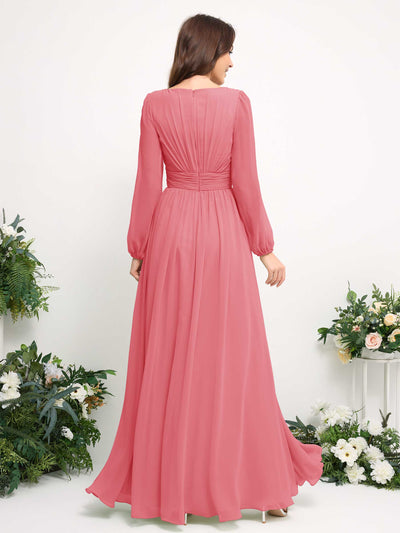 Carlyna A-Linien-Kleid mit U-Boot-Ausschnitt Chiffon Langarmkleid für Brautjungfer Korallenrosa #farbe_korallenrosa