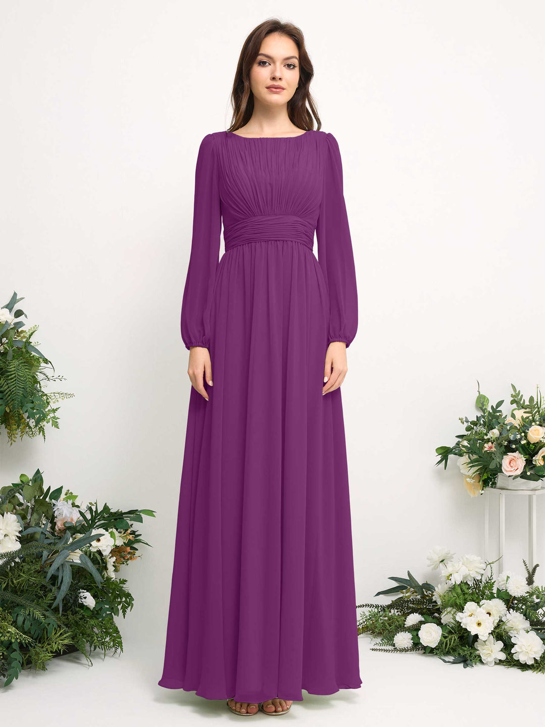 Carlyna A-Linien-Kleid mit U-Boot-Ausschnitt Chiffon Langarmkleid für Brautjungfer Lila 