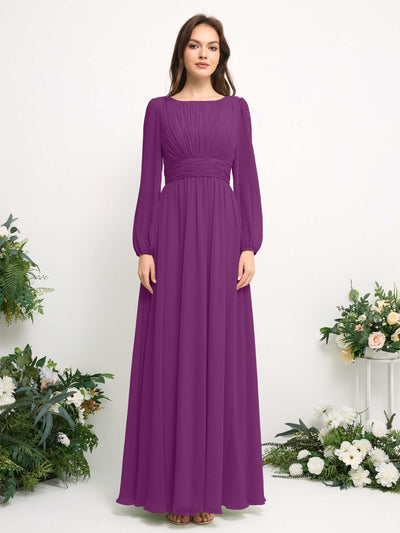 Carlyna A-Linien-Kleid mit U-Boot-Ausschnitt Chiffon Langarmkleid für Brautjungfer Lila #farbe_lila