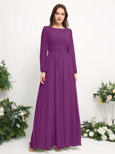Carlyna A-Linien-Kleid mit U-Boot-Ausschnitt Chiffon Langarmkleid für Brautjungfer Lila #farbe_lila