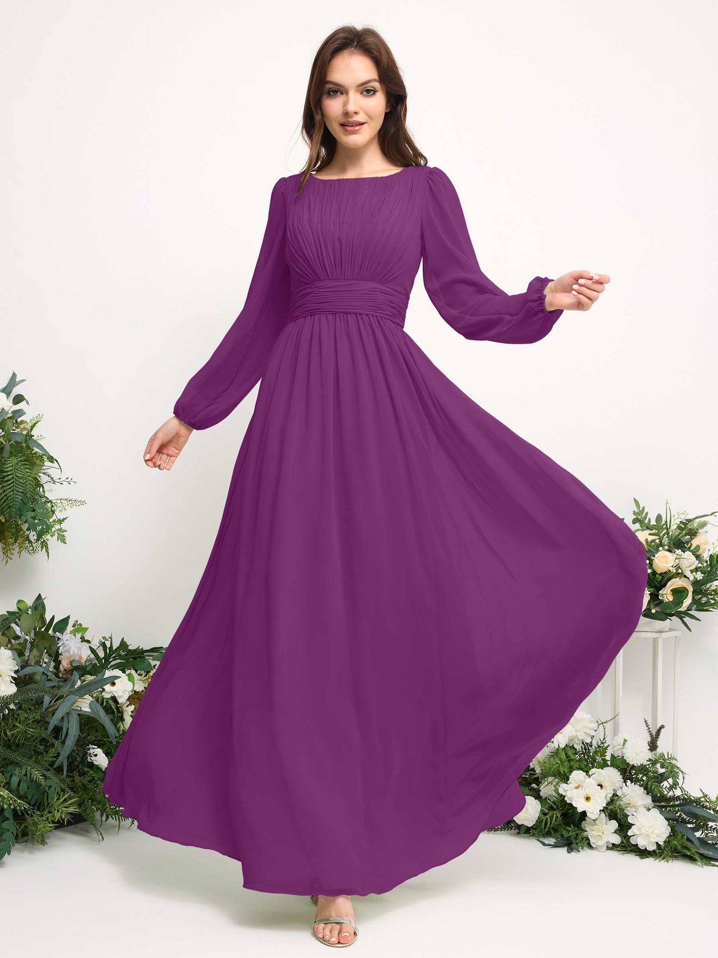 Carlyna A-Linien-Kleid mit U-Boot-Ausschnitt Chiffon Langarmkleid für Brautjungfer Lila #farbe_lila