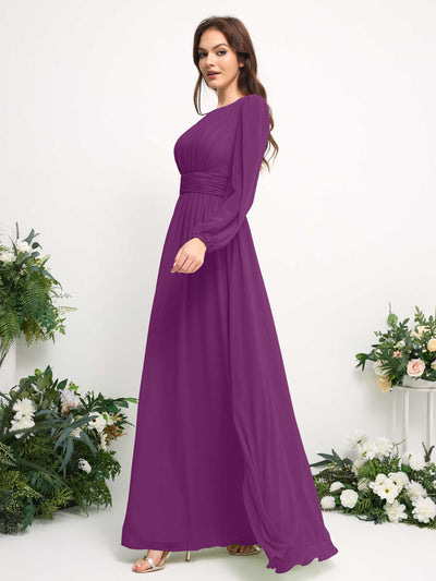 Carlyna A-Linien-Kleid mit U-Boot-Ausschnitt Chiffon Langarmkleid für Brautjungfer Lila #farbe_lila