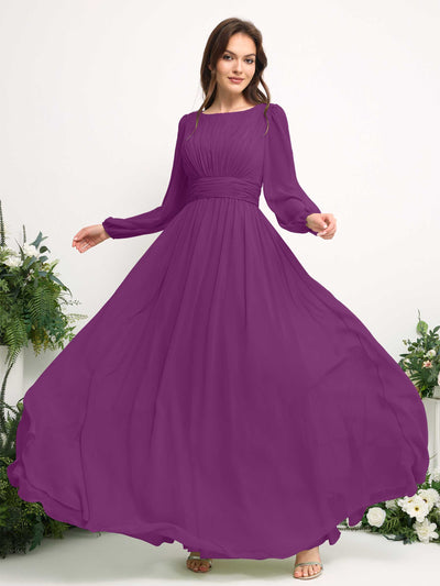 Carlyna A-Linien-Kleid mit U-Boot-Ausschnitt Chiffon Langarmkleid für Brautjungfer Lila #farbe_lila