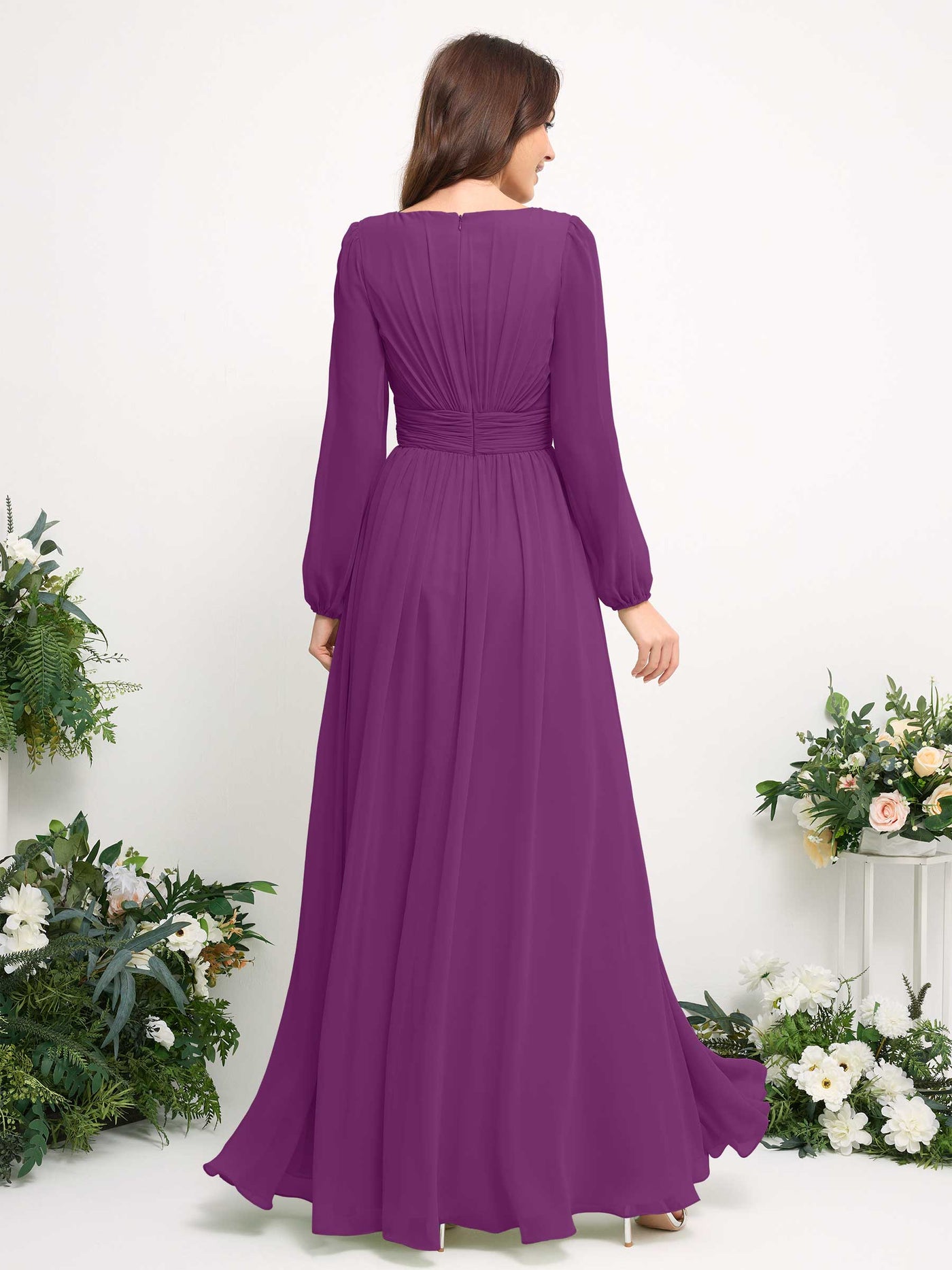 Carlyna A-Linien-Kleid mit U-Boot-Ausschnitt Chiffon Langarmkleid für Brautjungfer Lila #farbe_lila