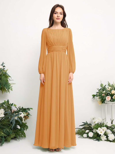 Carlyna A-Linien-Kleid mit U-Boot-Ausschnitt Chiffon Langarmkleid für Brautjungfer Mango #farbe_mango