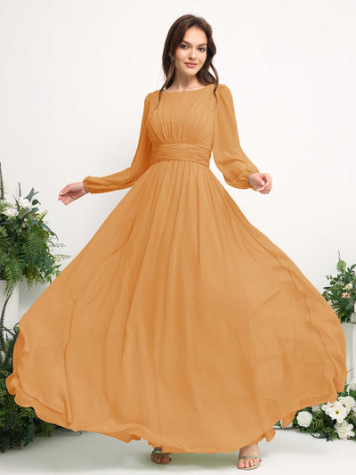 Carlyna A-Linien-Kleid mit U-Boot-Ausschnitt Chiffon Langarmkleid für Brautjungfer Mango #farbe_mango