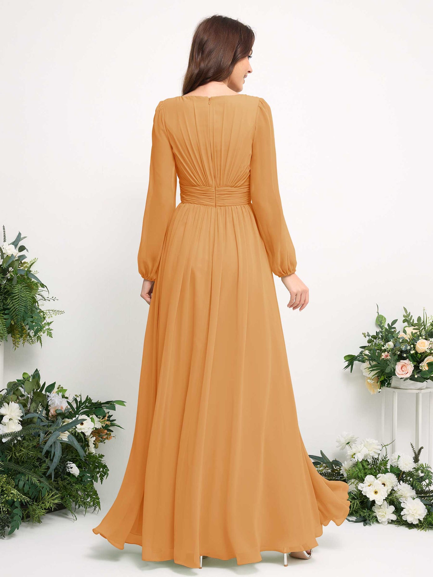 Carlyna A-Linien-Kleid mit U-Boot-Ausschnitt Chiffon Langarmkleid für Brautjungfer Mango #farbe_mango