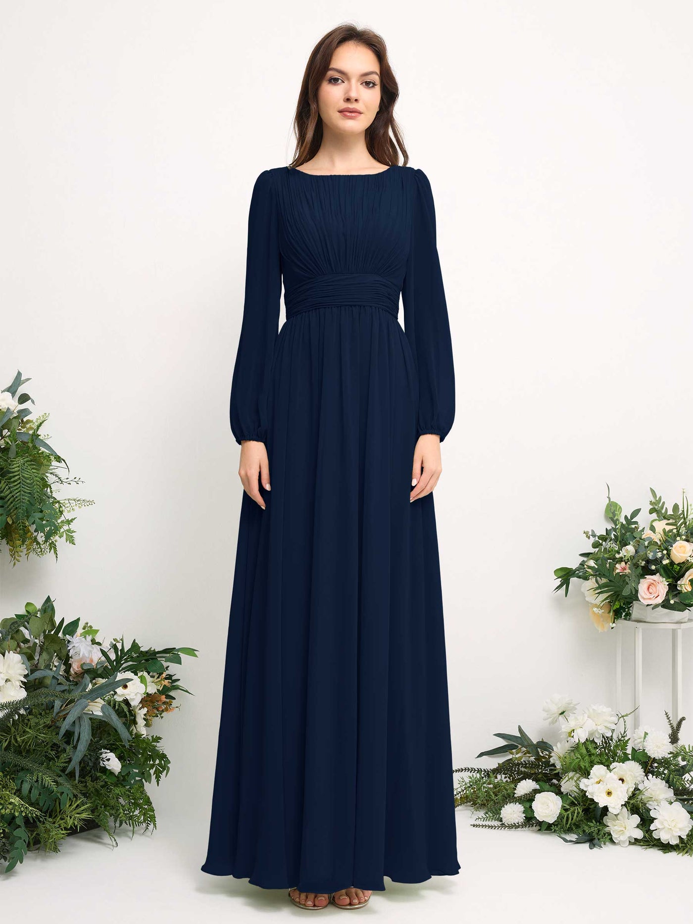 Carlyna A-Linien-Kleid mit U-Boot-Ausschnitt Chiffon Langarmkleid für Brautjungfer Marineblau #farbe_marineblau