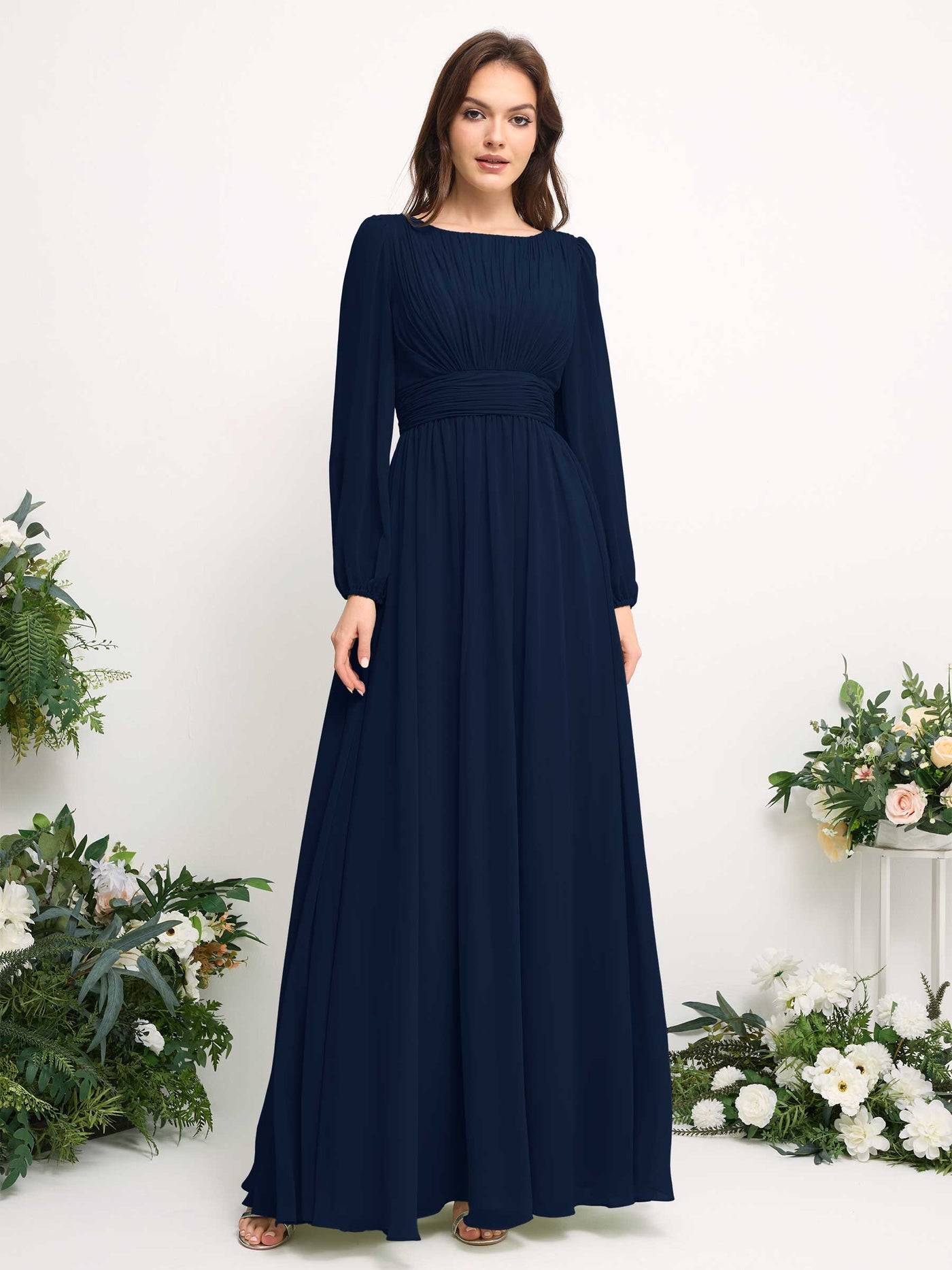 Carlyna A-Linien-Kleid mit U-Boot-Ausschnitt Chiffon Langarmkleid für Brautjungfer Marineblau #farbe_marineblau