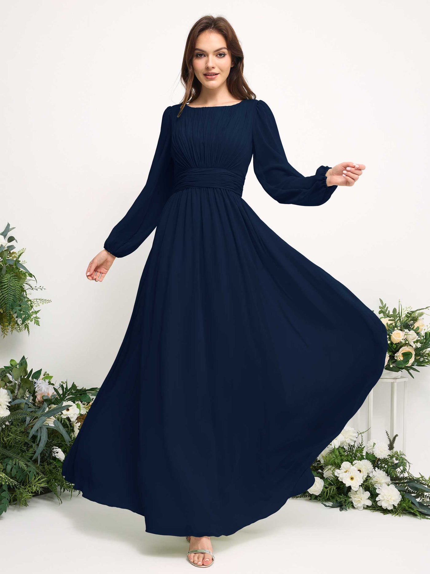 Carlyna A-Linien-Kleid mit U-Boot-Ausschnitt Chiffon Langarmkleid für Brautjungfer Marineblau #farbe_marineblau