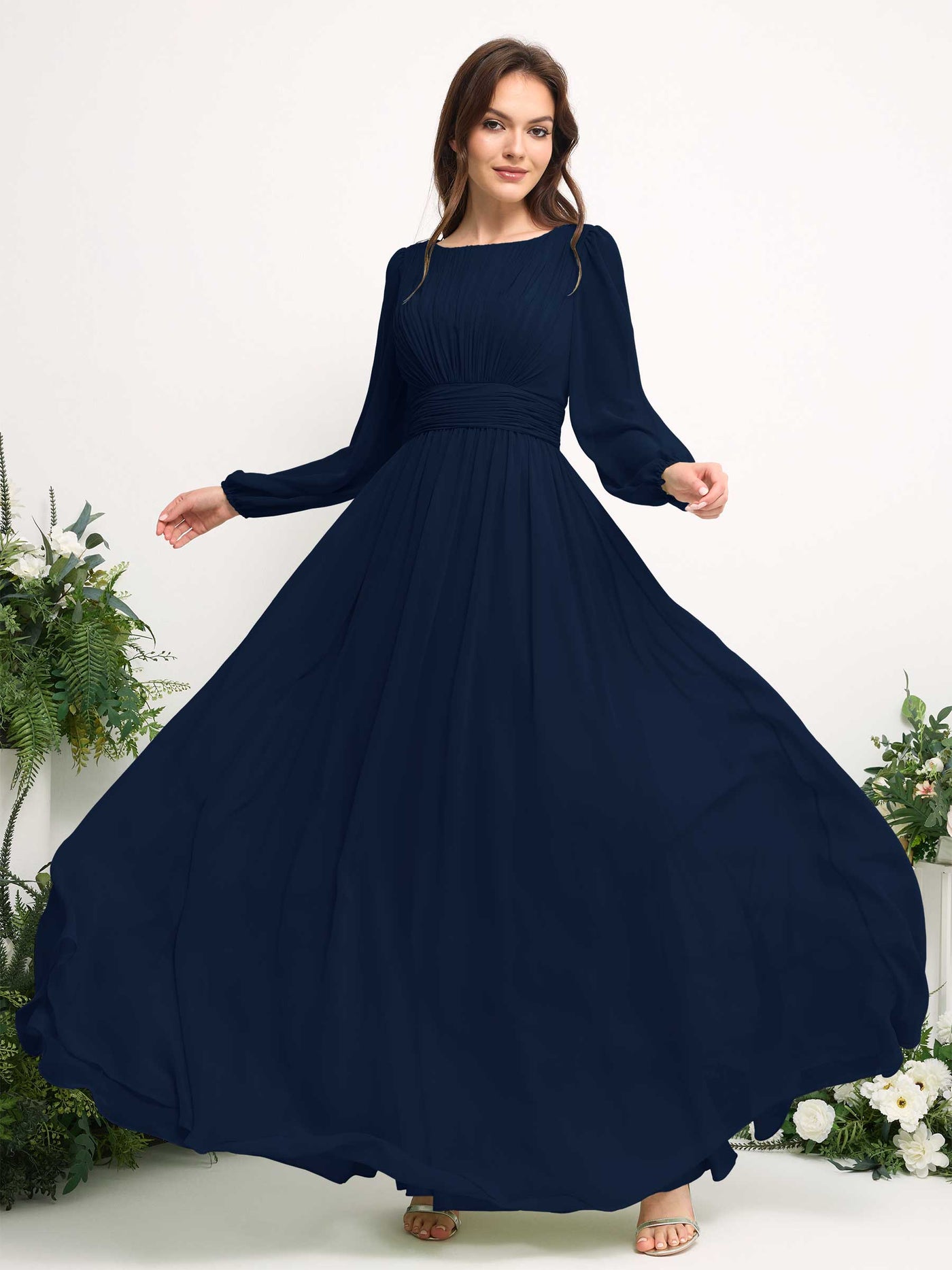 Carlyna A-Linien-Kleid mit U-Boot-Ausschnitt Chiffon Langarmkleid für Brautjungfer Marineblau #farbe_marineblau